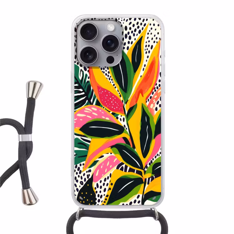 Tropisch - Bladeren - Zwart - wit Hoesje iPhone 16 Pro Max met koord klein -3d