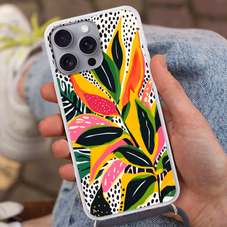 Tropisch - Bladeren - Zwart - wit Hoesje iPhone 16 Pro Max met koord klein -sfeer3
