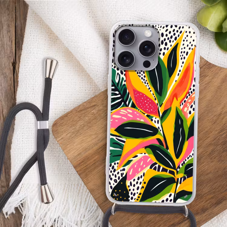 Tropisch - Bladeren - Zwart - wit Hoesje iPhone 16 Pro Max met koord klein -sfeer4