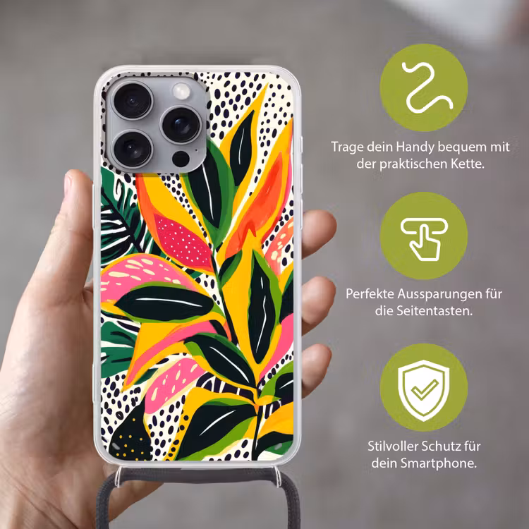 Tropisch - Bladeren - Zwart - wit Hoesje iPhone 16 Pro Max met koord klein -sfeer2_DE