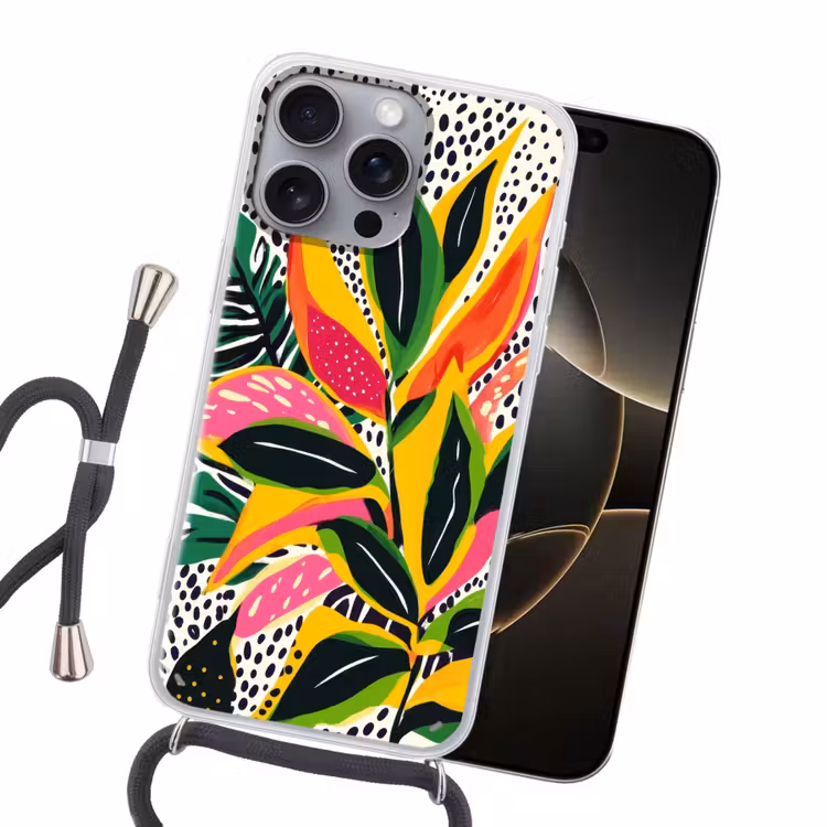 Tropisch - Bladeren - Zwart - wit Hoesje iPhone 16 Pro Max met koord klein -sfeer1