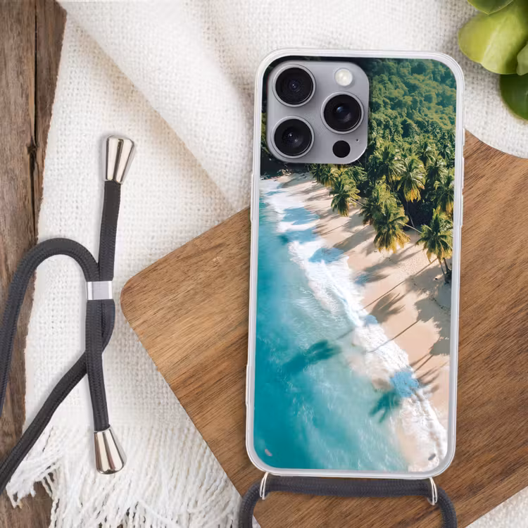 Tropisch - Strand - Water - Palmbomen Hoesje iPhone 16 Pro Max met koord klein -sfeer4
