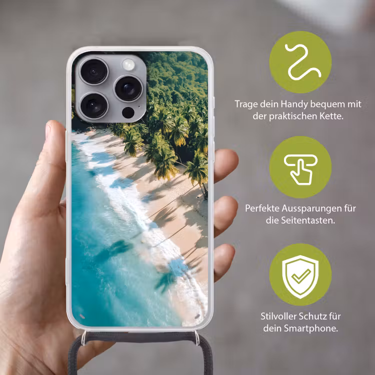 Tropisch - Strand - Water - Palmbomen Hoesje iPhone 16 Pro Max met koord klein -sfeer2_DE
