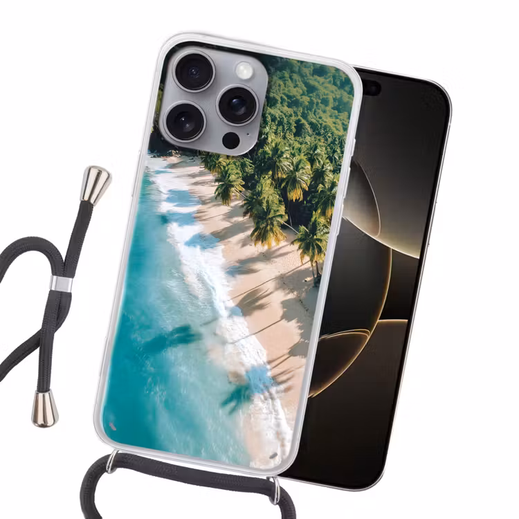 Tropisch - Strand - Water - Palmbomen Hoesje iPhone 16 Pro Max met koord klein -sfeer1