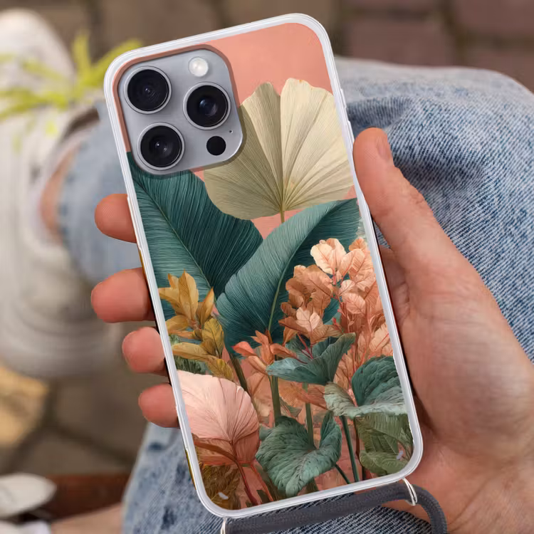 Tropische bladeren - Bloemen - Roze - groen Hoesje iPhone 16 Pro Max met koord klein -sfeer3