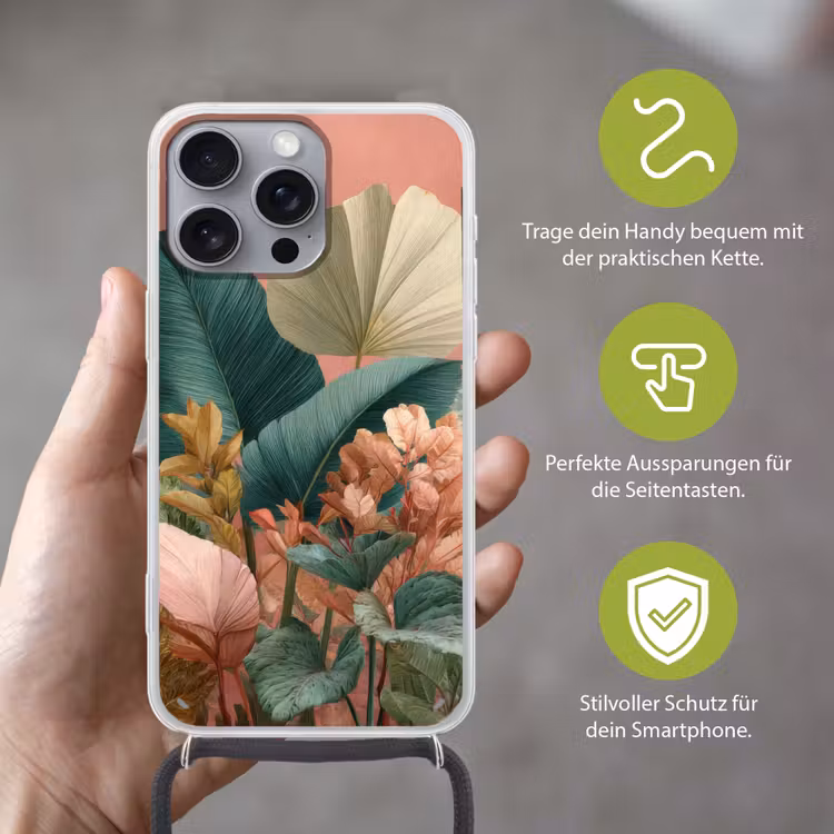 Tropische bladeren - Bloemen - Roze - groen Hoesje iPhone 16 Pro Max met koord klein -sfeer2_DE