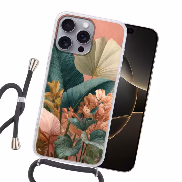 Tropische bladeren - Bloemen - Roze - groen Hoesje iPhone 16 Pro Max met koord klein -sfeer1