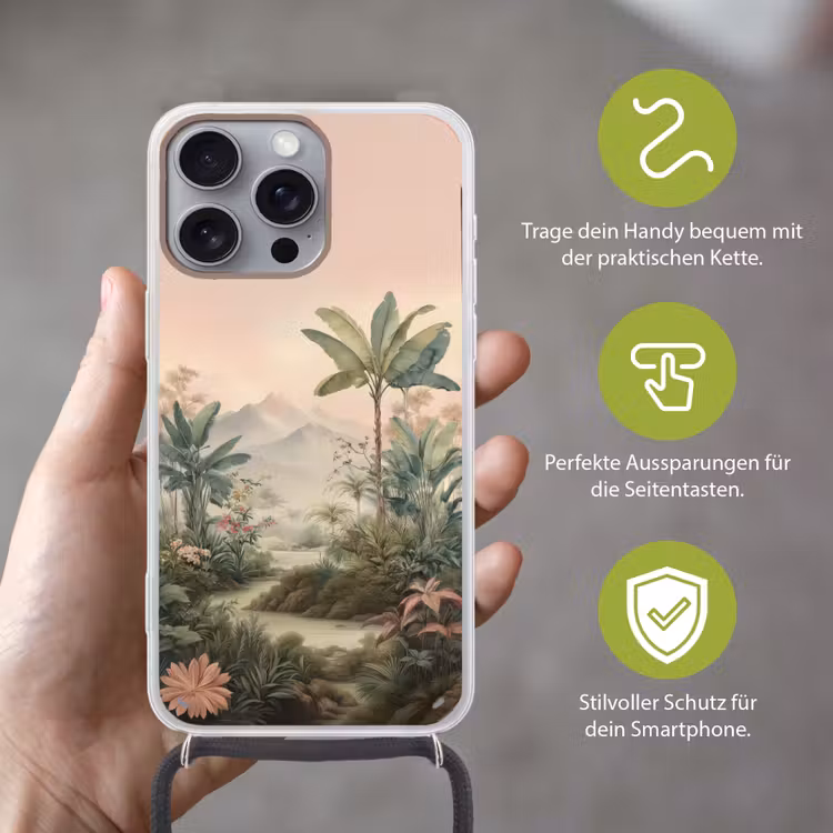 Tropisch landschap - palmbomen - Bloemen - Roze lucht Hoesje iPhone 16 Pro Max met koord klein -sfeer2_DE