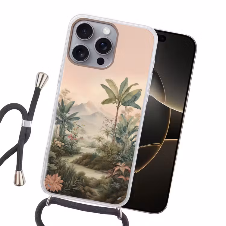 Tropisch landschap - palmbomen - Bloemen - Roze lucht Hoesje iPhone 16 Pro Max met koord klein -sfeer1