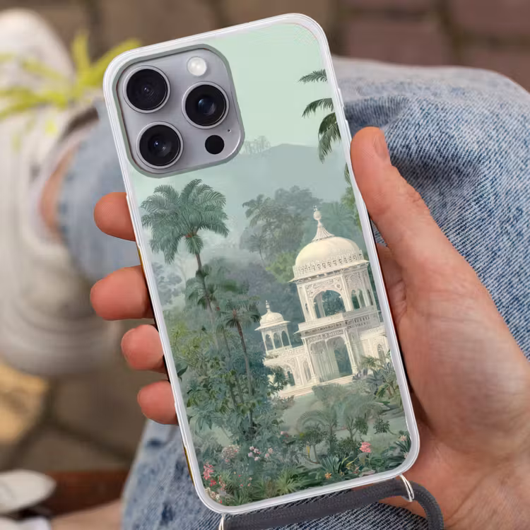 Tropische tuin - Koepelgebouw - Bloemen Hoesje iPhone 16 Pro Max met koord klein -sfeer3