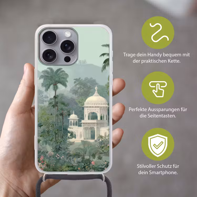 Tropische tuin - Koepelgebouw - Bloemen Hoesje iPhone 16 Pro Max met koord klein -sfeer2_DE
