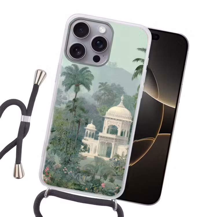 Tropische tuin - Koepelgebouw - Bloemen Hoesje iPhone 16 Pro Max met koord klein -sfeer1