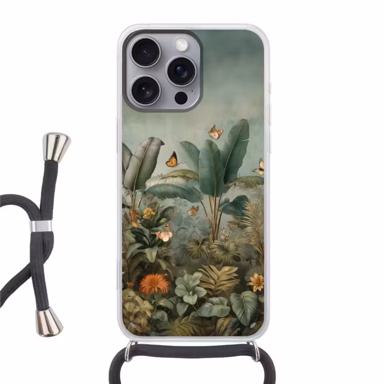 Tropisch bladerdek - Vlinders - groen - Bruin Hoesje iPhone 16 Pro Max met koord klein -3d