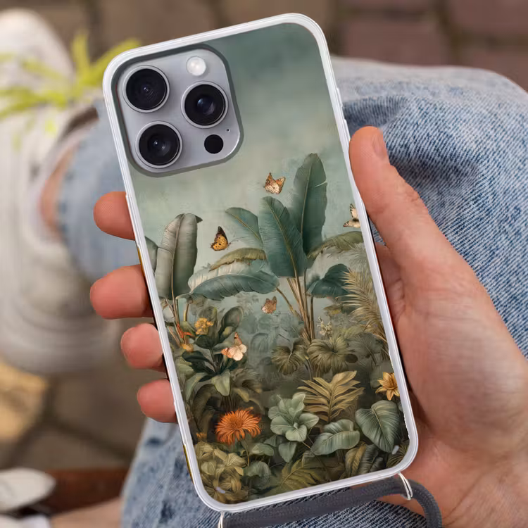 Tropisch bladerdek - Vlinders - groen - Bruin Hoesje iPhone 16 Pro Max met koord klein -sfeer3