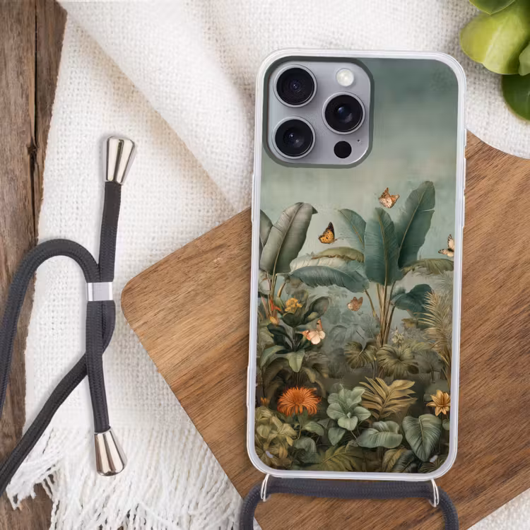 Tropisch bladerdek - Vlinders - groen - Bruin Hoesje iPhone 16 Pro Max met koord klein -sfeer4