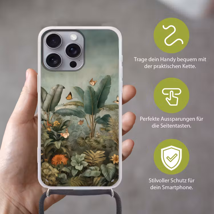Tropisch bladerdek - Vlinders - groen - Bruin Hoesje iPhone 16 Pro Max met koord klein -sfeer2_DE