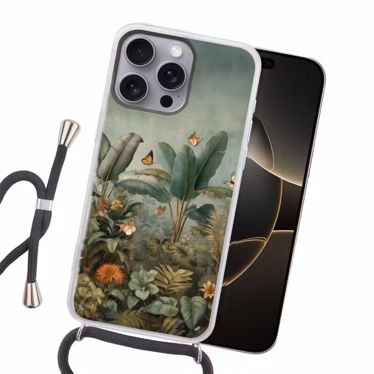 Tropisch bladerdek - Vlinders - groen - Bruin Hoesje iPhone 16 Pro Max met koord klein -sfeer1