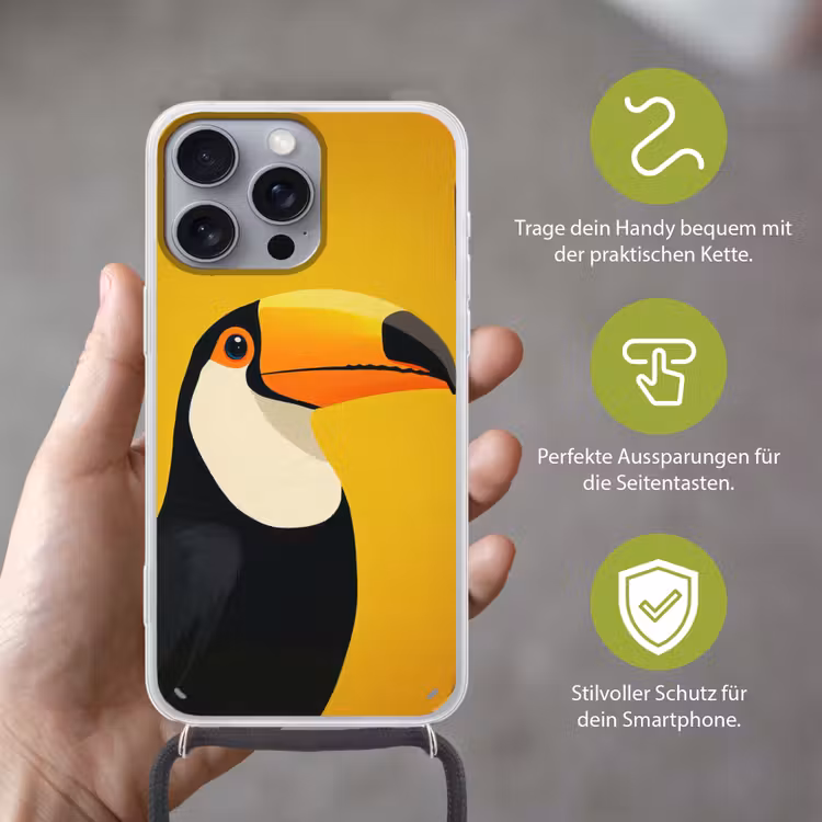 Toekan - Minimalistisch - Snavel - Oranje Hoesje iPhone 16 Pro Max met koord klein -sfeer2_DE