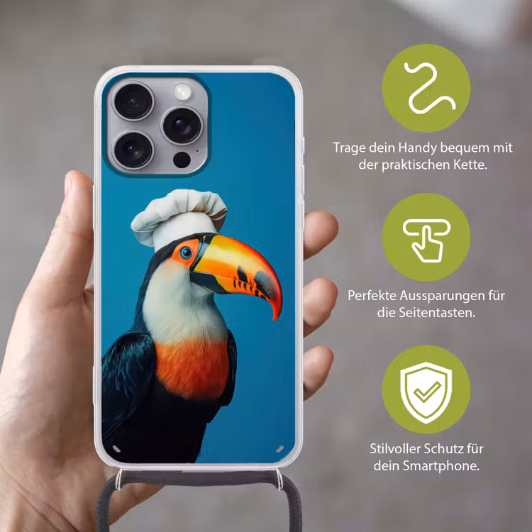 Toekan - Papegaai - Vogel - Koksmuts Hoesje iPhone 16 Pro Max met koord klein -sfeer2_DE