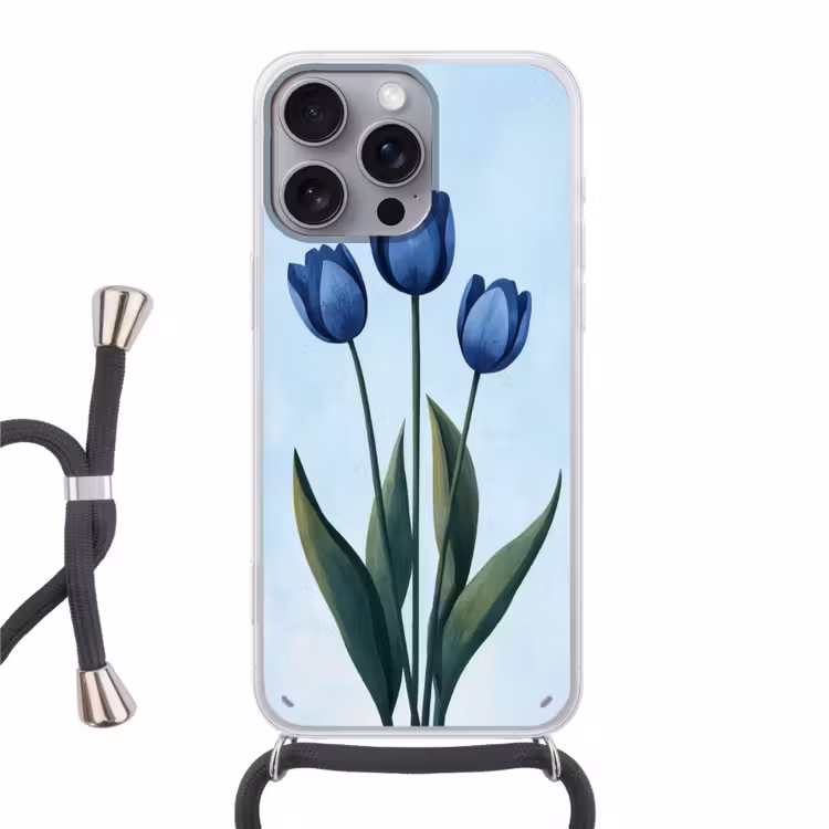 Tulpen - Blauw - Bladeren Hoesje iPhone 16 Pro Max met koord klein -3d