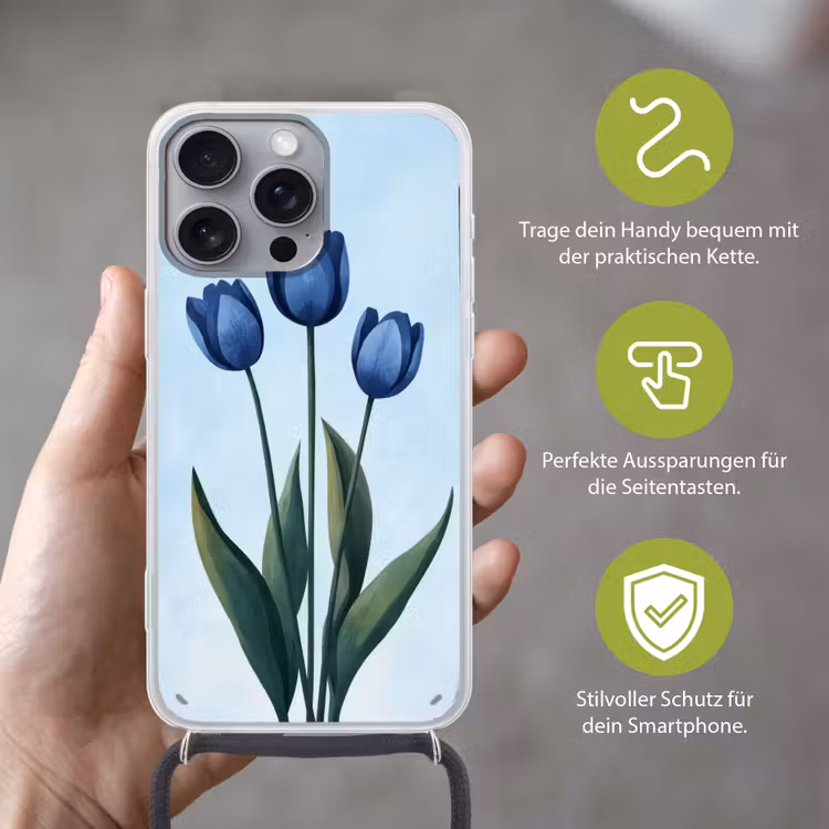 Tulpen - Blauw - Bladeren Hoesje iPhone 16 Pro Max met koord klein -sfeer2_DE