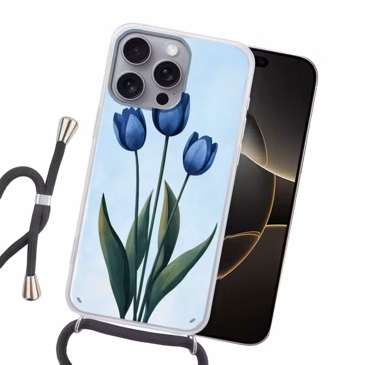 Tulpen - Blauw - Bladeren Hoesje iPhone 16 Pro Max met koord klein -sfeer1