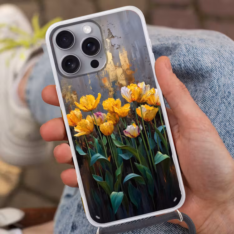 Tulpen - Geel - Penseelstreken - Abstract Hoesje iPhone 16 Pro Max met koord klein -sfeer3