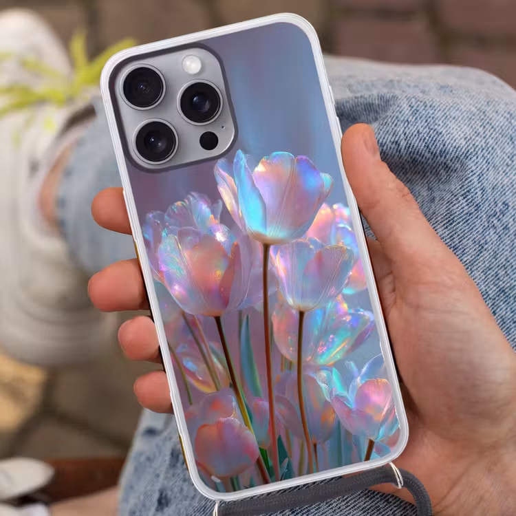 Tulpen - Glazen - Bloemblaadjes - Pasteltinten Hoesje iPhone 16 Pro Max met koord klein -sfeer3