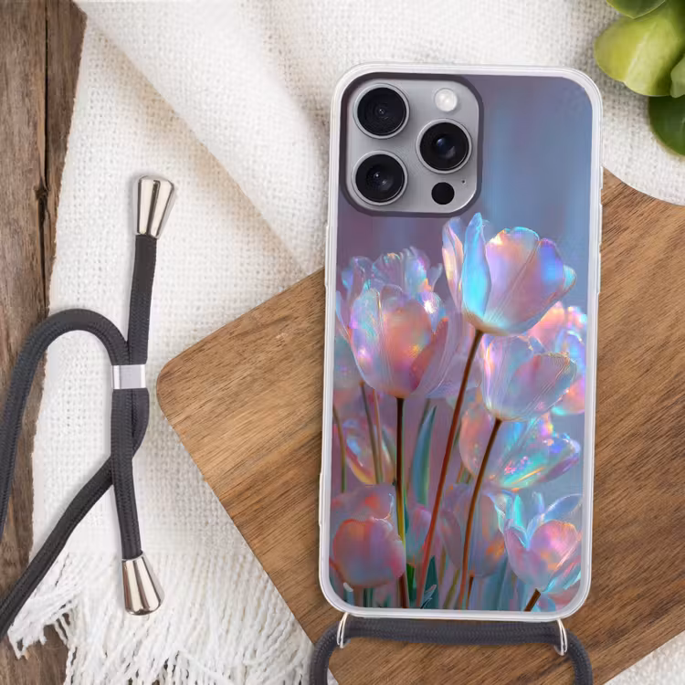 Tulpen - Glazen - Bloemblaadjes - Pasteltinten Hoesje iPhone 16 Pro Max met koord klein -sfeer4