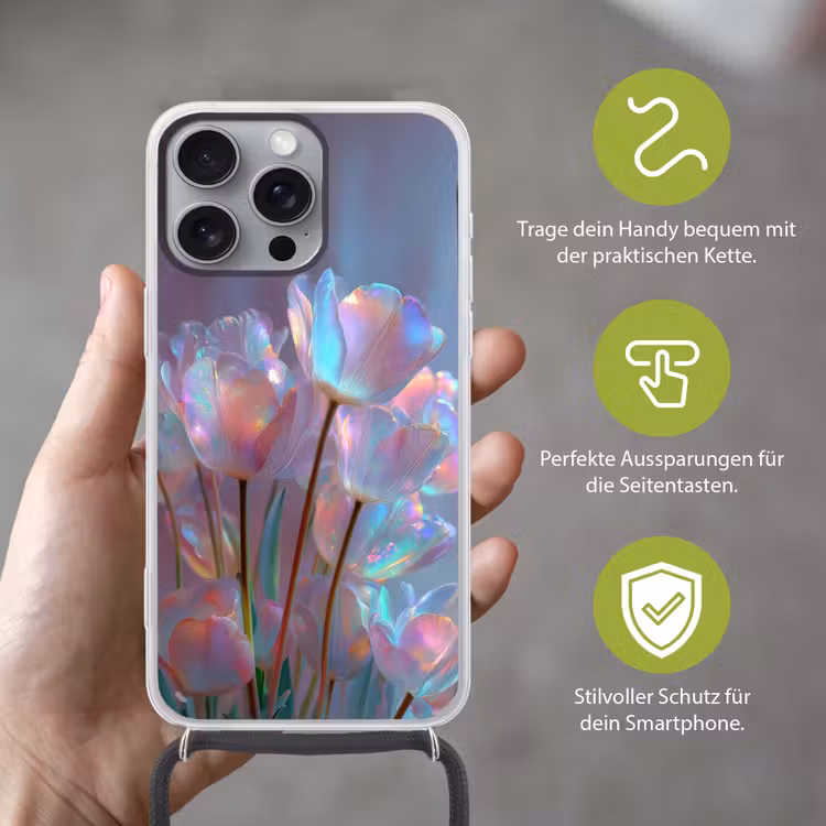 Tulpen - Glazen - Bloemblaadjes - Pasteltinten Hoesje iPhone 16 Pro Max met koord klein -sfeer2_DE