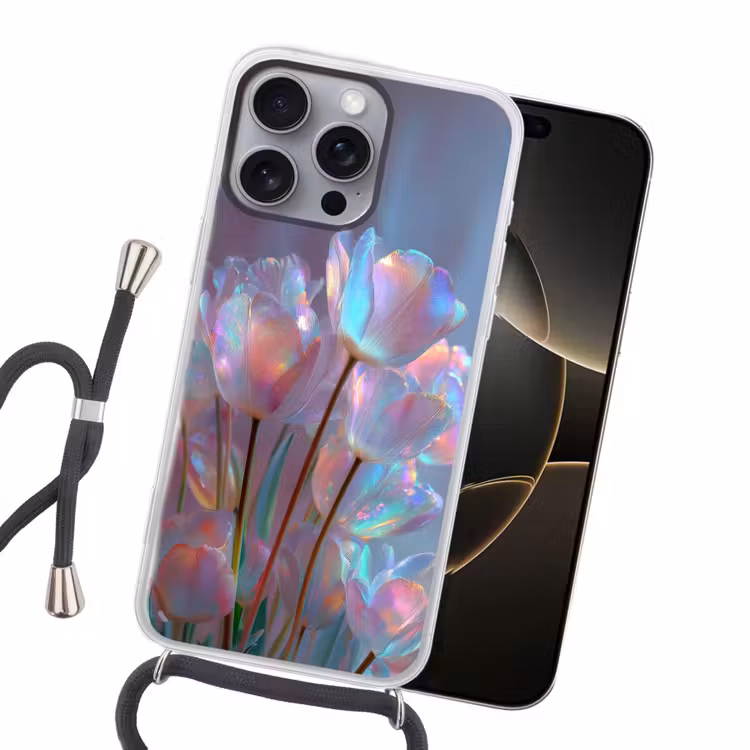 Tulpen - Glazen - Bloemblaadjes - Pasteltinten Hoesje iPhone 16 Pro Max met koord klein -sfeer1