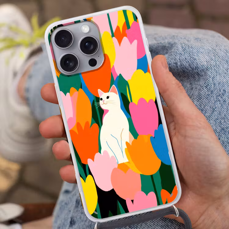 Tulpen - Kat - Kleurrijk Hoesje iPhone 16 Pro Max met koord klein -sfeer3