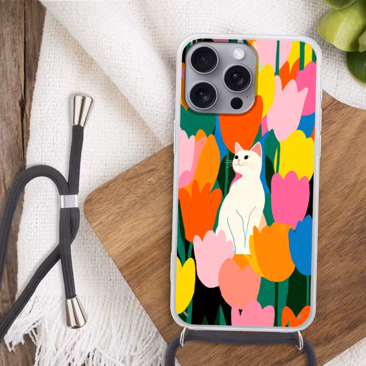 Tulpen - Kat - Kleurrijk Hoesje iPhone 16 Pro Max met koord klein -sfeer4