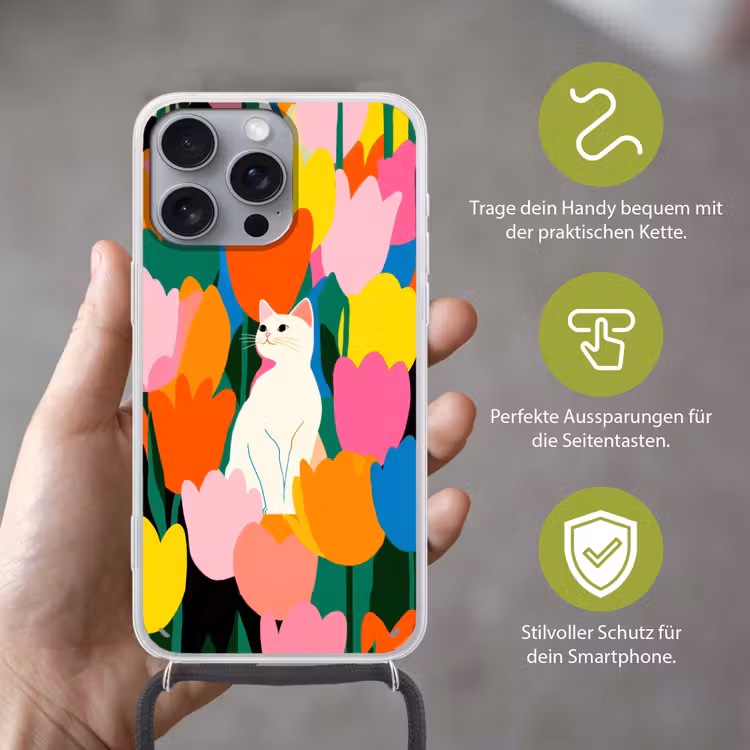 Tulpen - Kat - Kleurrijk Hoesje iPhone 16 Pro Max met koord klein -sfeer2_DE
