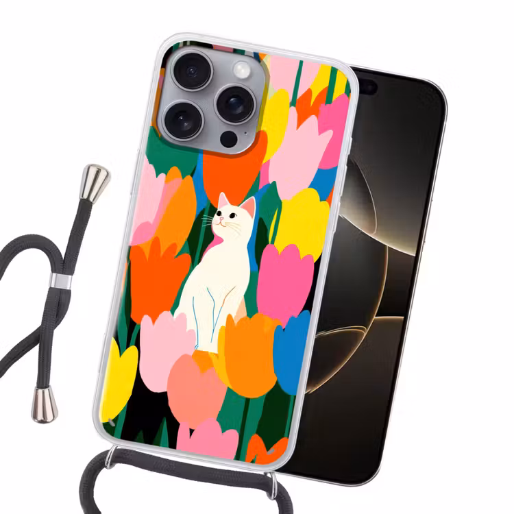 Tulpen - Kat - Kleurrijk Hoesje iPhone 16 Pro Max met koord klein -sfeer1