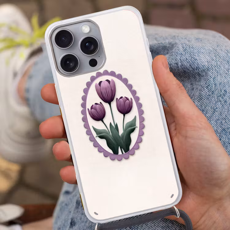 Tulpen - Paars - Lijst - Bladeren Hoesje iPhone 16 Pro Max met koord klein -sfeer3