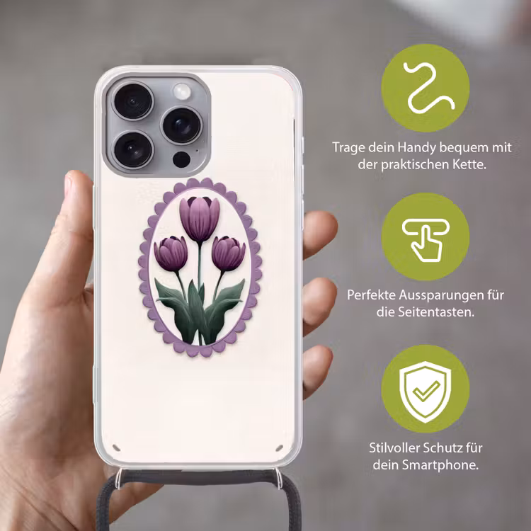 Tulpen - Paars - Lijst - Bladeren Hoesje iPhone 16 Pro Max met koord klein -sfeer2_DE