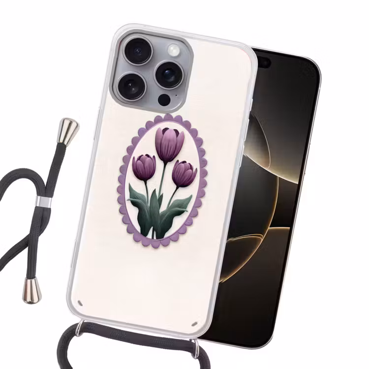 Tulpen - Paars - Lijst - Bladeren Hoesje iPhone 16 Pro Max met koord klein -sfeer1