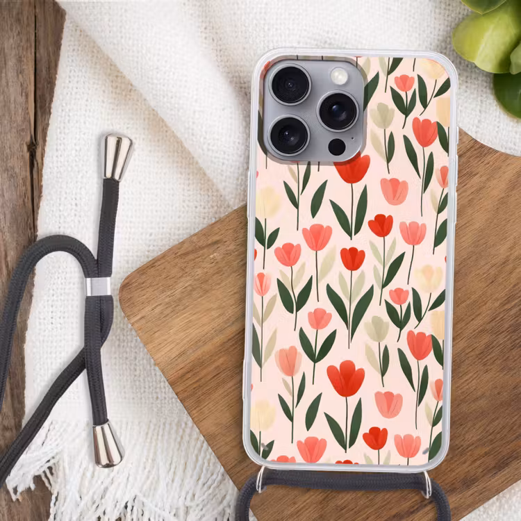 Tulpen - Modern - Roze Hoesje iPhone 16 Pro Max met koord klein -sfeer4