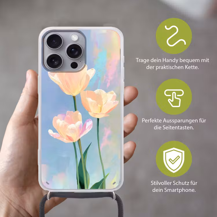 Tulpen - Roze accenten - Blauw Hoesje iPhone 16 Pro Max met koord klein -sfeer2_DE