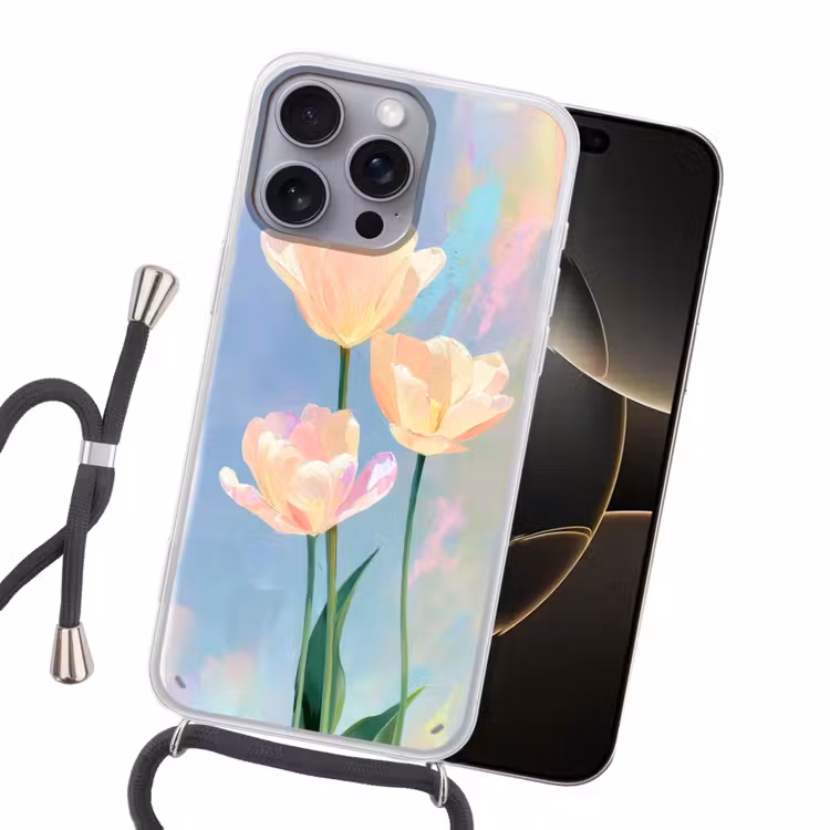 Tulpen - Roze accenten - Blauw Hoesje iPhone 16 Pro Max met koord klein -sfeer1