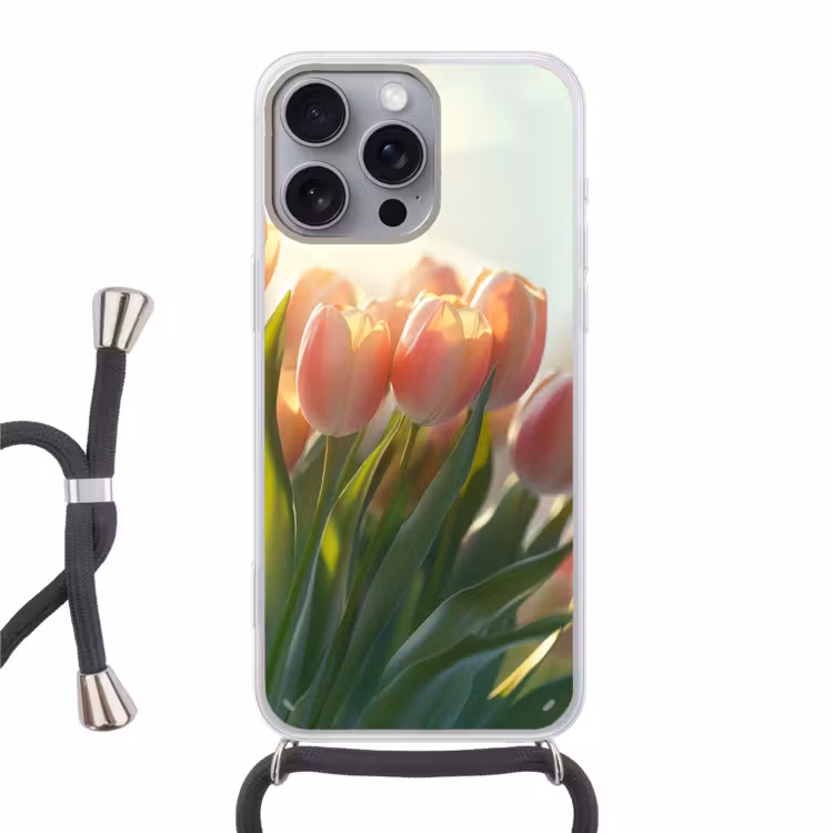 Tulpen - Roze - Zonnestralen Hoesje iPhone 16 Pro Max met koord klein -3d