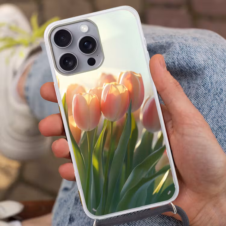 Tulpen - Roze - Zonnestralen Hoesje iPhone 16 Pro Max met koord klein -sfeer3