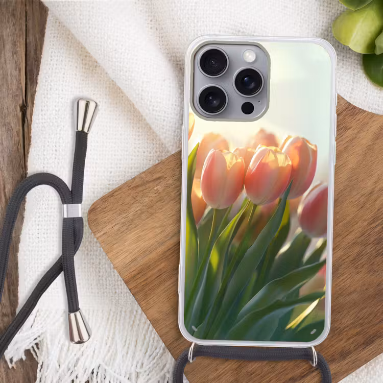 Tulpen - Roze - Zonnestralen Hoesje iPhone 16 Pro Max met koord klein -sfeer4