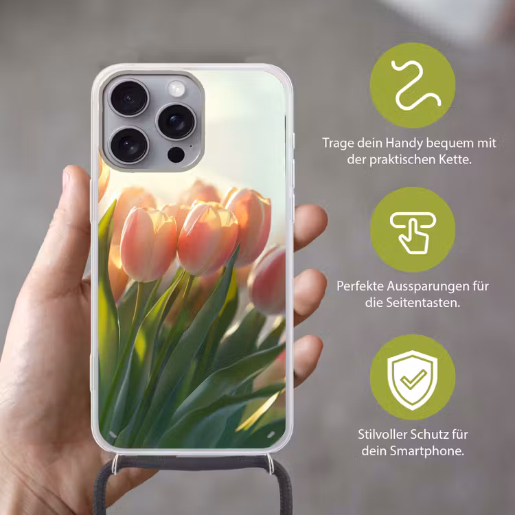 Tulpen - Roze - Zonnestralen Hoesje iPhone 16 Pro Max met koord klein -sfeer2_DE