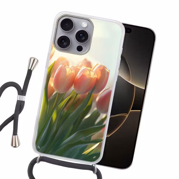 Tulpen - Roze - Zonnestralen Hoesje iPhone 16 Pro Max met koord klein -sfeer1