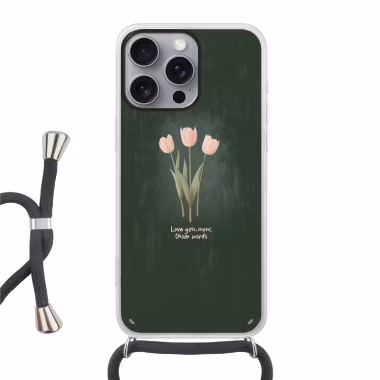 Tulpen - Roze - Tekst - Love Hoesje iPhone 16 Pro Max met koord klein -3d