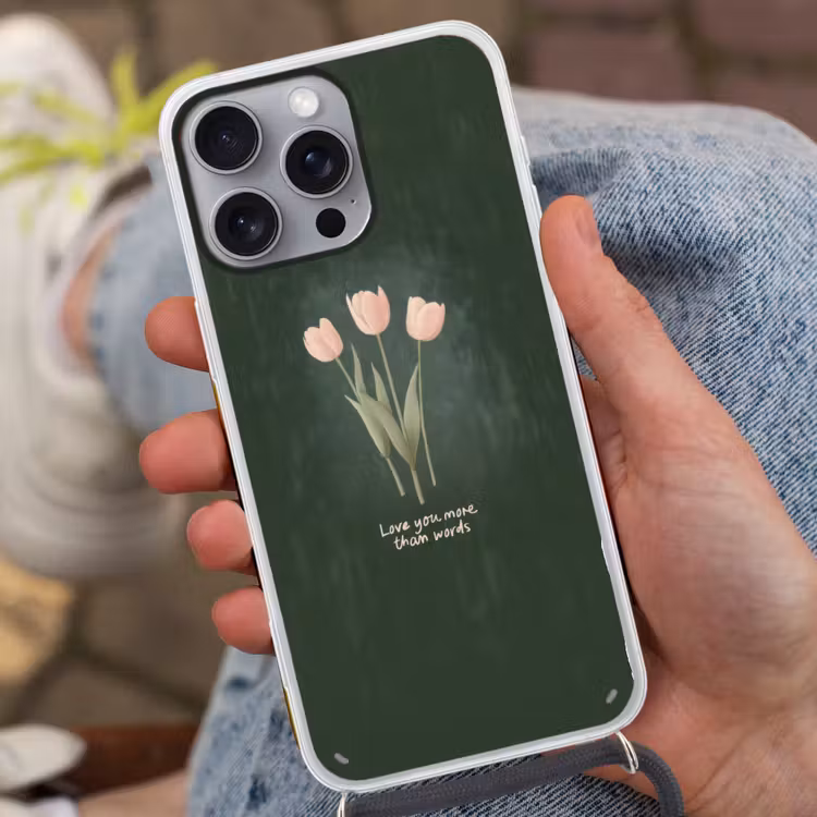 Tulpen - Roze - Tekst - Love Hoesje iPhone 16 Pro Max met koord klein -sfeer3