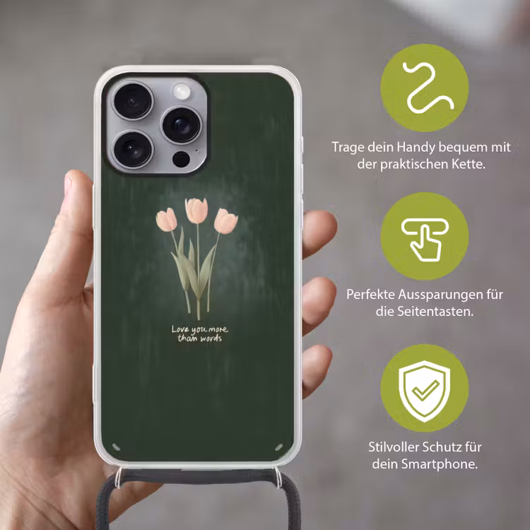 Tulpen - Roze - Tekst - Love Hoesje iPhone 16 Pro Max met koord klein -sfeer2_DE