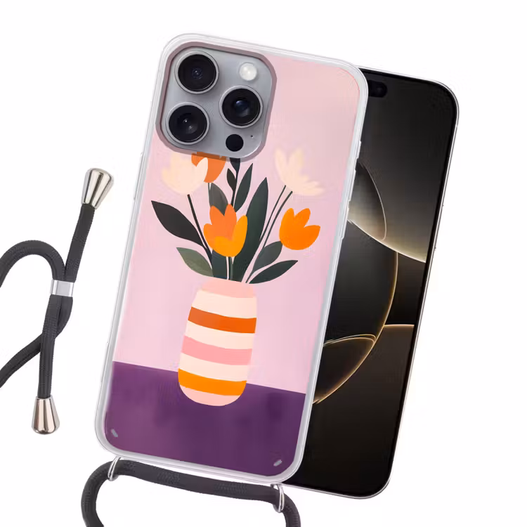 Tulpen - Vaas - Strepen - Paars Hoesje iPhone 16 Pro Max met koord klein -sfeer1